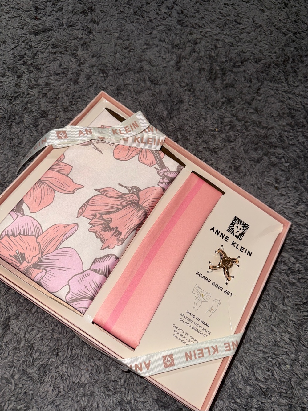 Anne Klein Pink Floral Scarf with Pink Stripe Band and Gold Scarf Ring